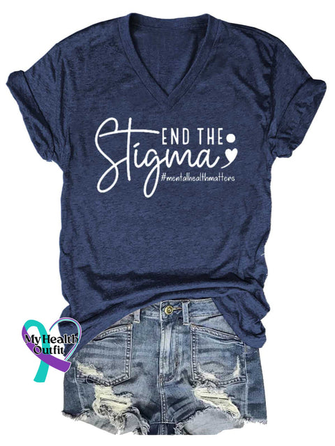 Women’s End The Stigma Mental Health Awareness V-neck Casual T-Shirt Blue / S