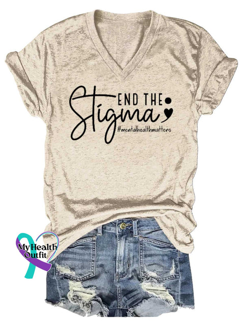 Women’s End The Stigma Mental Health Awareness V-neck Casual T-Shirt Sand / S