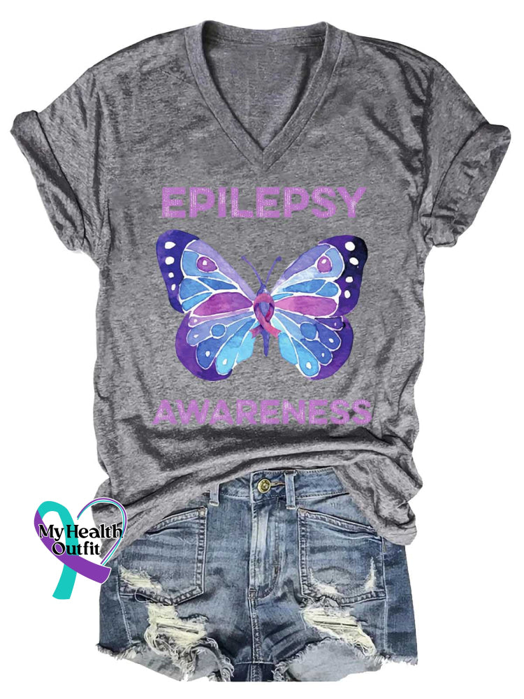 Women’s EPILEPSY AWARENESS Butterfly V-neck Casual T-Shirt Grey / S