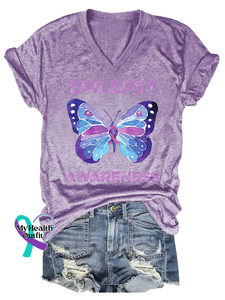 Women’s EPILEPSY AWARENESS Butterfly V-neck Casual T-Shirt LightPurple / S