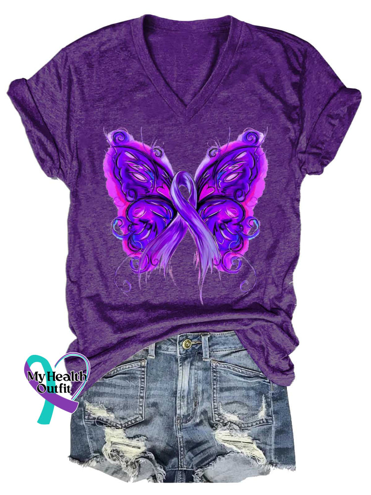 Women’s EPILEPSY AWARENESS Butterfly V-neck Casual T-Shirt Purple / S