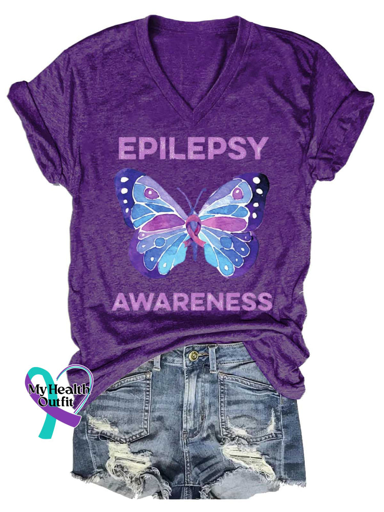 Women’s EPILEPSY AWARENESS Butterfly V-neck Casual T-Shirt Purple / S