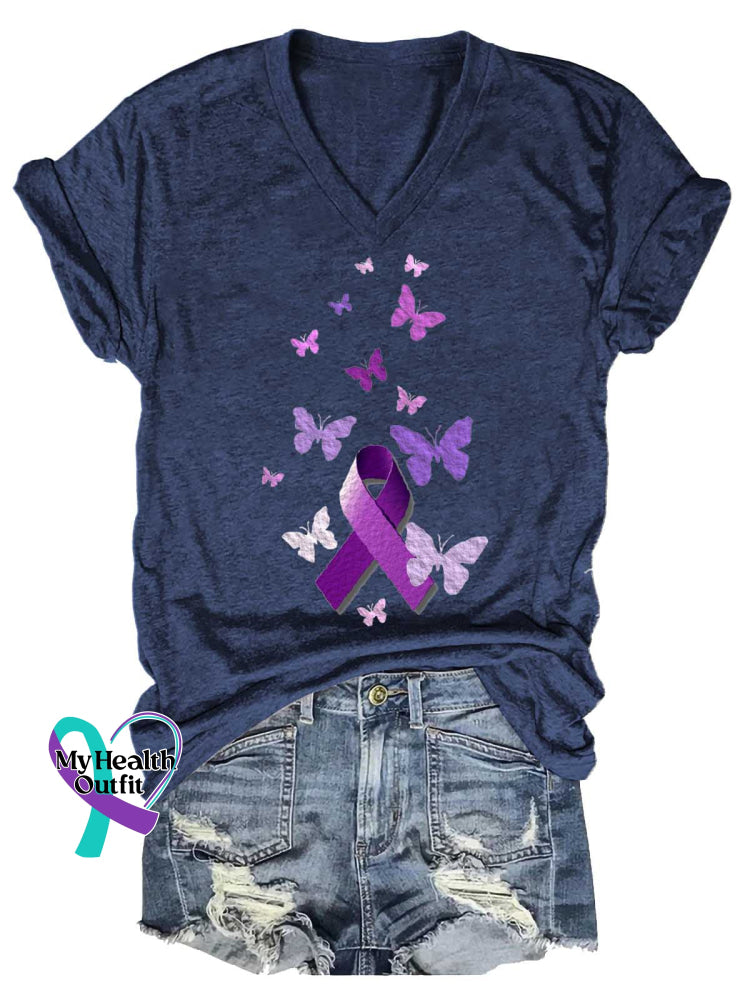 Women’s EPILEPSY AWARENESS Ribbon Butterfly V-neck Casual T-Shirt Blue / S
