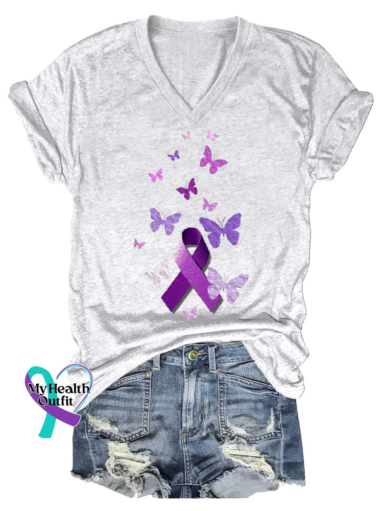 Women’s EPILEPSY AWARENESS Ribbon Butterfly V-neck Casual T-Shirt White / S