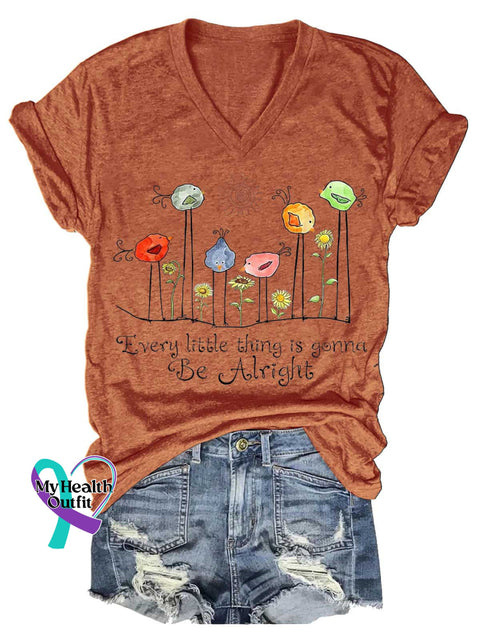 Women’s Every Little Thing Is Gonna Be Alright Mental Health Awareness V-neck Casual T-Shirt Orange / S