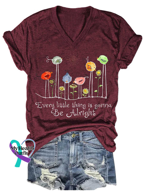 Women’s Every Little Thing Is Gonna Be Alright Mental Health Awareness V-neck Casual T-Shirt Red / S