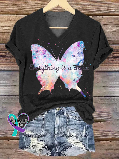 Women’s Everything Is A Choice Butterfly V-neck Casual T-Shirt Black / S