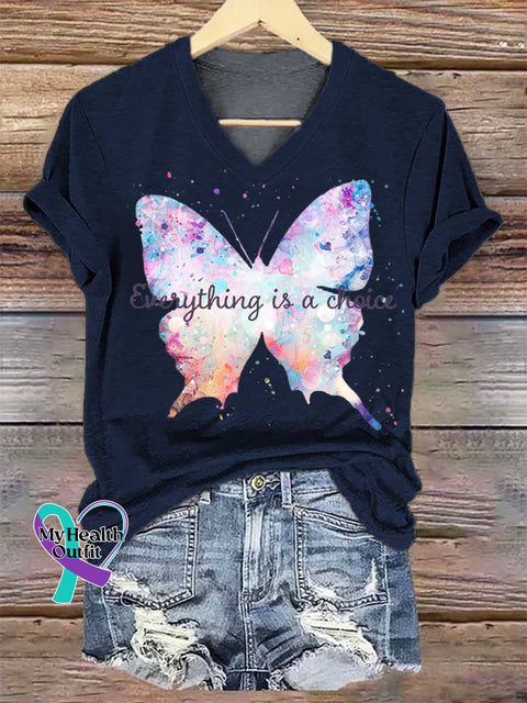 Women’s Everything Is A Choice Butterfly V-neck Casual T-Shirt Blue / S