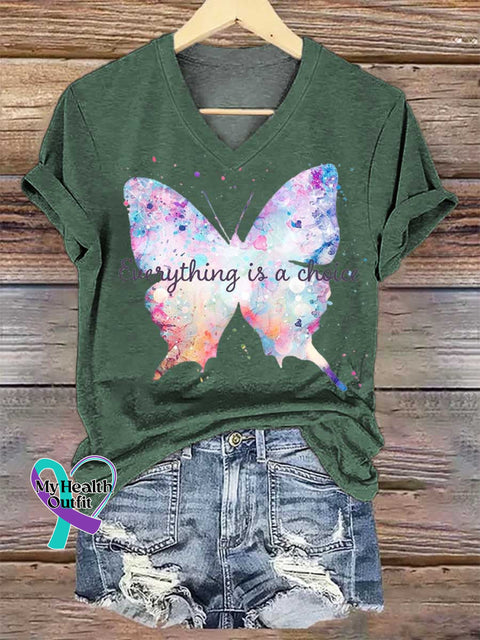 Women’s Everything Is A Choice Butterfly V-neck Casual T-Shirt Green / S