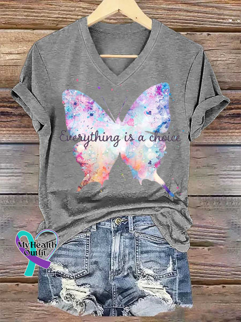 Women’s Everything Is A Choice Butterfly V-neck Casual T-Shirt Grey / S