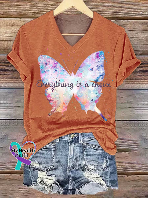 Women’s Everything Is A Choice Butterfly V-neck Casual T-Shirt Orange / S