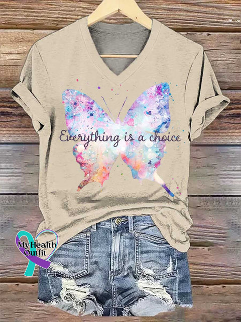 Women’s Everything Is A Choice Butterfly V-neck Casual T-Shirt Sand / S