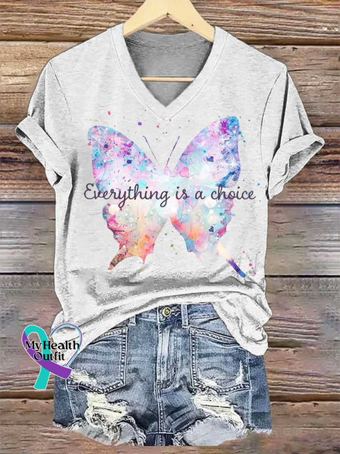 Women’s Everything Is A Choice Butterfly V-neck Casual T-Shirt White / S