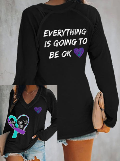 Women’s Everything Is Going To Be Ok Print V Neck T-Shirt Black / S