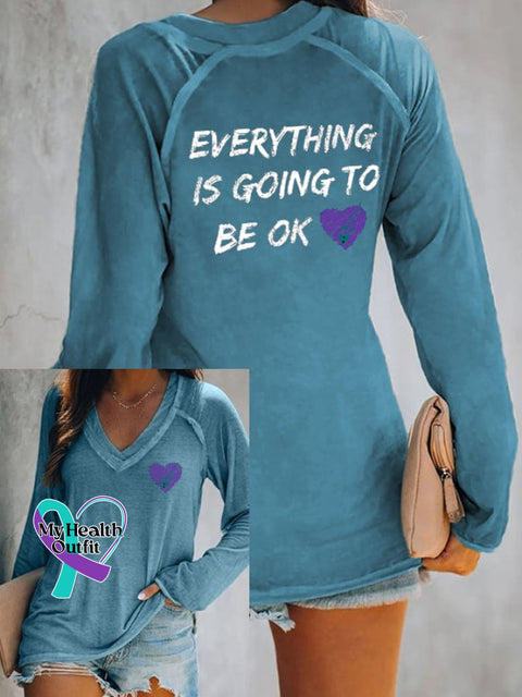 Women’s Everything Is Going To Be Ok Print V Neck T-Shirt Blue / S