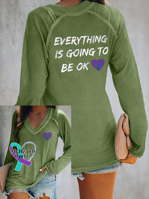 Women’s Everything Is Going To Be Ok Print V Neck T-Shirt Green / S