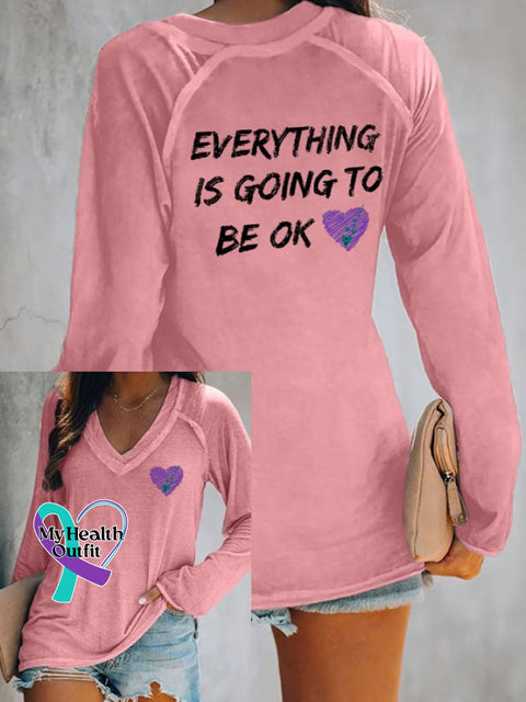 Women’s Everything Is Going To Be Ok Print V Neck T-Shirt Pink / S