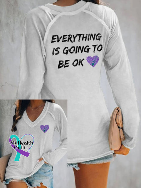 Women’s Everything Is Going To Be Ok Print V Neck T-Shirt White / S