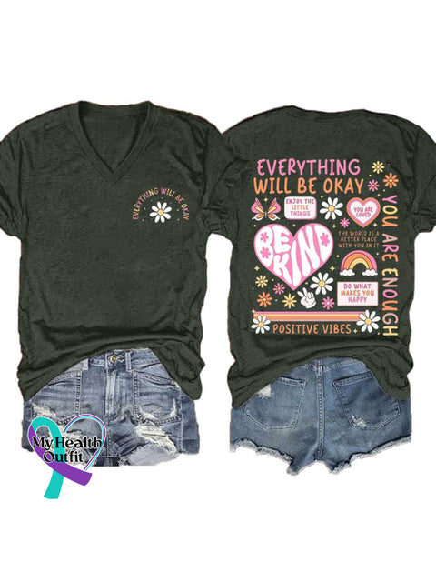 Women’s EVERYTHING WILL BE OKAY BE KIND V-neck Casual T-Shirt Green / S