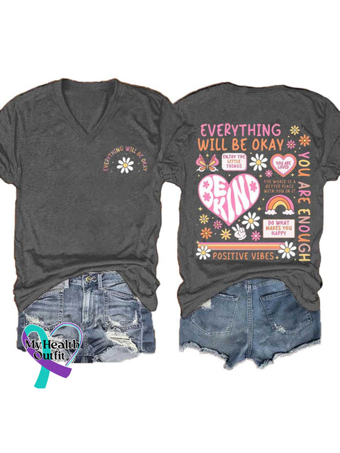 Women’s EVERYTHING WILL BE OKAY BE KIND V-neck Casual T-Shirt Grey / S