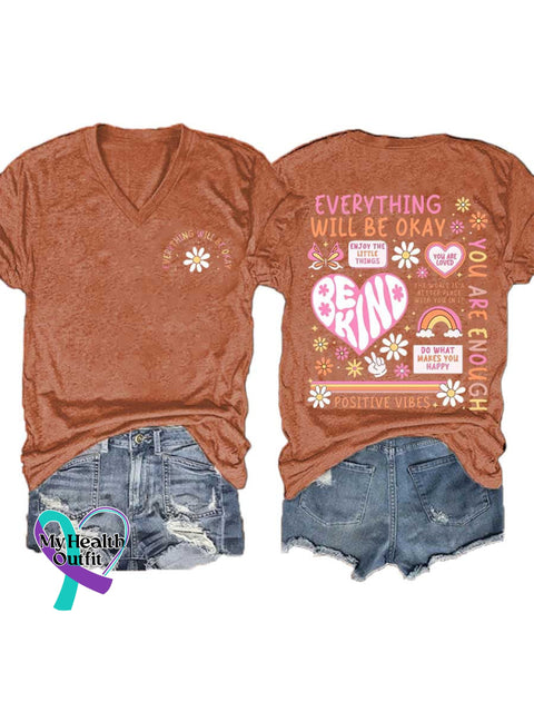 Women’s EVERYTHING WILL BE OKAY BE KIND V-neck Casual T-Shirt Orange / S