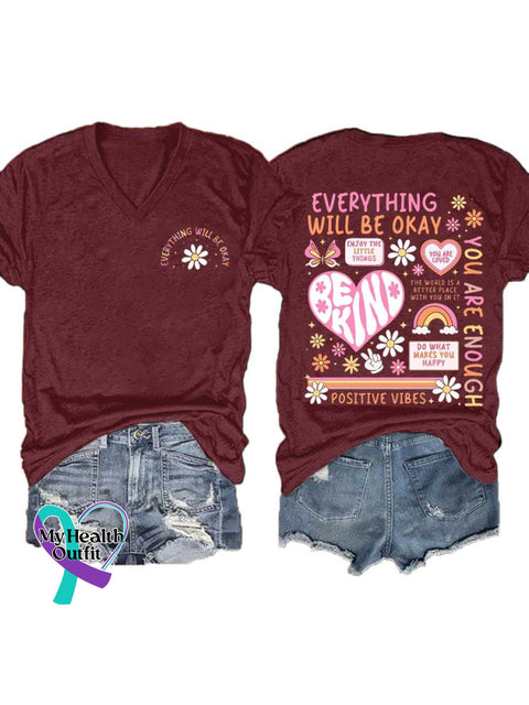 Women’s EVERYTHING WILL BE OKAY BE KIND V-neck Casual T-Shirt Red / S