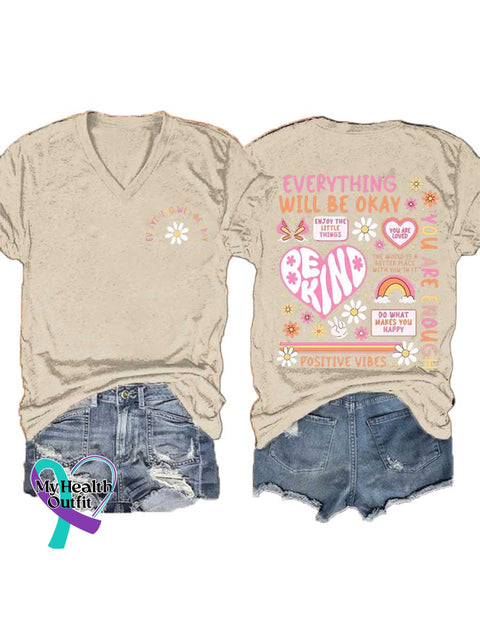 Women’s EVERYTHING WILL BE OKAY BE KIND V-neck Casual T-Shirt Sand / S