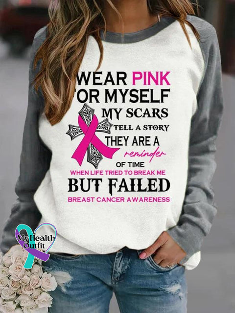 Women’s Faith Breast Cancer Awareness I Wear Pink For Myself Print Long Sleeve Sweatshirt Grey / S