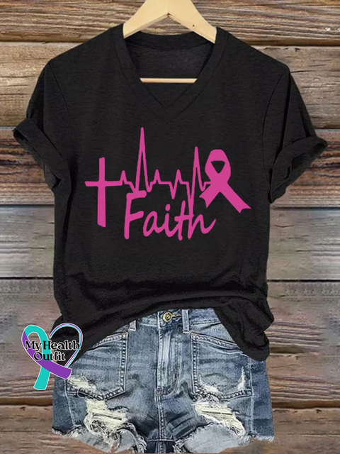 Women’s Faith Breast Cancer Awareness V neck Casual T Shirt Black / S