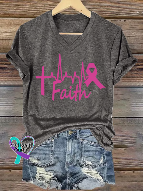 Women’s Faith Breast Cancer Awareness V neck Casual T Shirt Grey / S