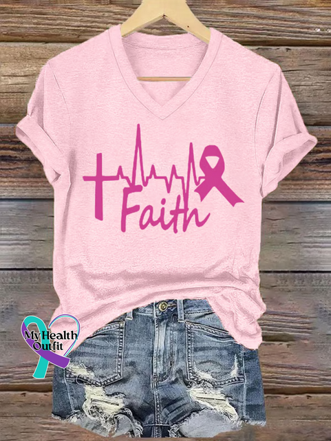 Women’s Faith Breast Cancer Awareness V neck Casual T Shirt LightPink / S