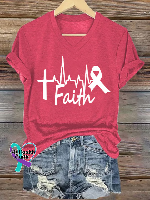Women’s Faith Breast Cancer Awareness V neck Casual T Shirt Red / S