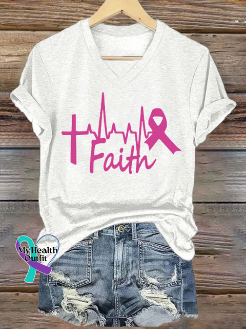 Women’s Faith Breast Cancer Awareness V neck Casual T Shirt White / S