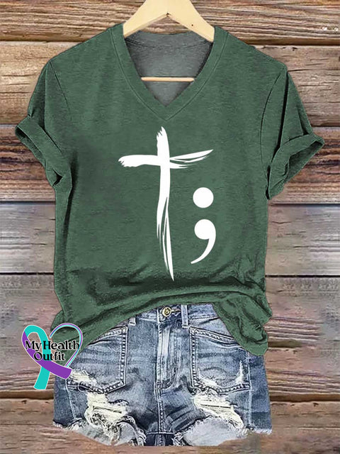 Women’s Faith Cross SUICIDE PREVENTION AWARENESS V-neck Casual T-Shirt Green / S