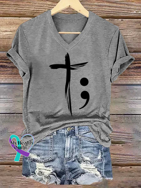 Women’s Faith Cross SUICIDE PREVENTION AWARENESS V-neck Casual T-Shirt Grey / S