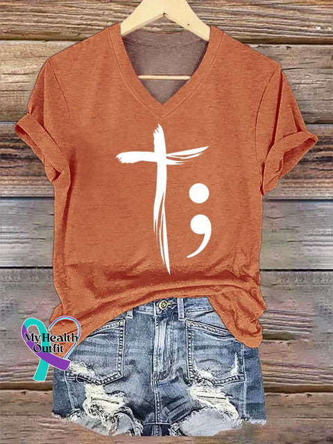 Women’s Faith Cross SUICIDE PREVENTION AWARENESS V-neck Casual T-Shirt Orange / S