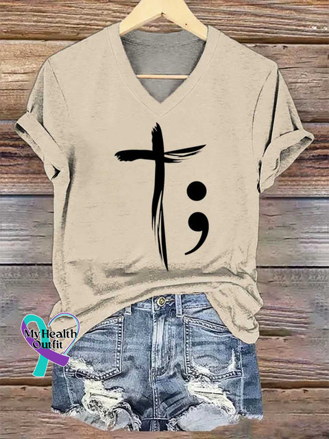 Women’s Faith Cross SUICIDE PREVENTION AWARENESS V-neck Casual T-Shirt Sand / S