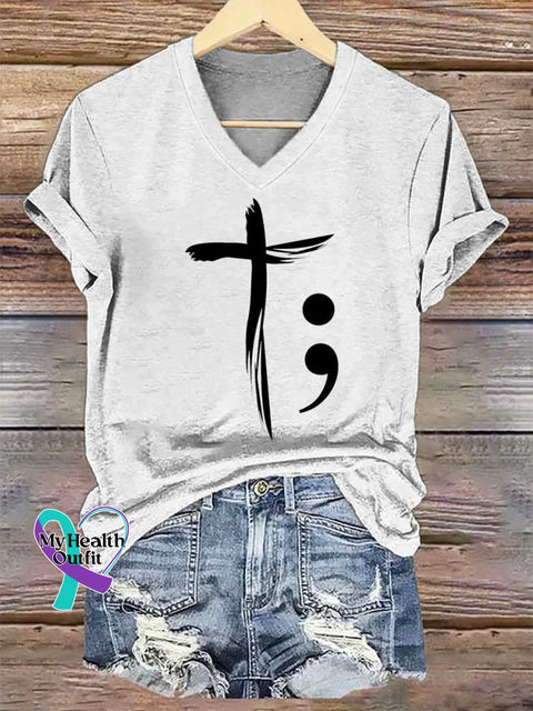 Women’s Faith Cross SUICIDE PREVENTION AWARENESS V-neck Casual T-Shirt White / S