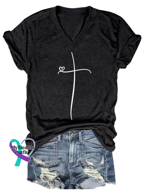 Women’s Faith Cross V-neck Casual T-Shirt Black / S