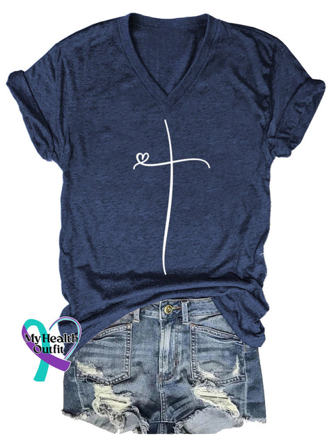 Women’s Faith Cross V-neck Casual T-Shirt Blue / S