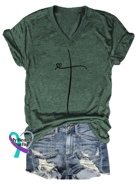 Women’s Faith Cross V-neck Casual T-Shirt Green / S