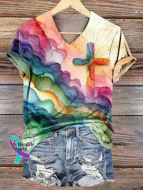 Women’s Faith Cross V-neck Casual T-Shirt Multicolor / S