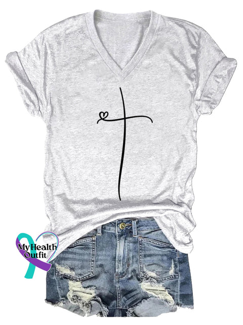 Women’s Faith Cross V-neck Casual T-Shirt White / S