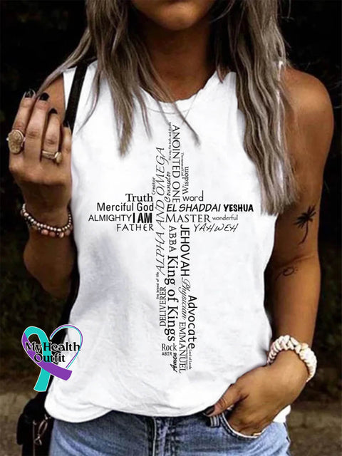 Women’s Faith Cross Words Art Print Casual Tank Top White / S