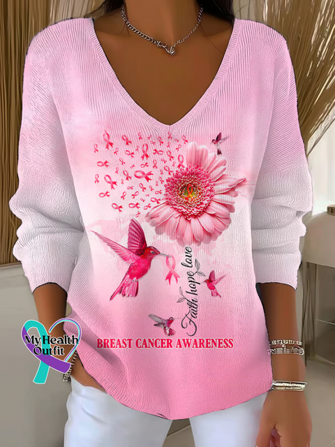 Women’s Faith Hope Love Breast Cancer Awareness Casual Pullover Sweater Multicolor / S