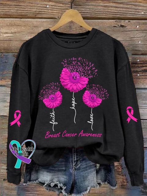 Women’s Faith Hope Love Breast Cancer Awareness Daisy Print Crew Neck Sweatshirt Black / S