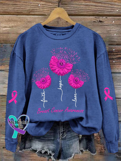 Women’s Faith Hope Love Breast Cancer Awareness Daisy Print Crew Neck Sweatshirt Blue / S