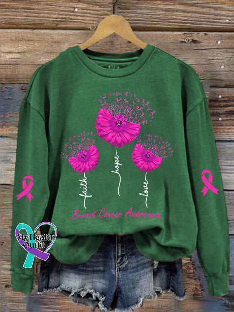 Women’s Faith Hope Love Breast Cancer Awareness Daisy Print Crew Neck Sweatshirt Dark Green / S