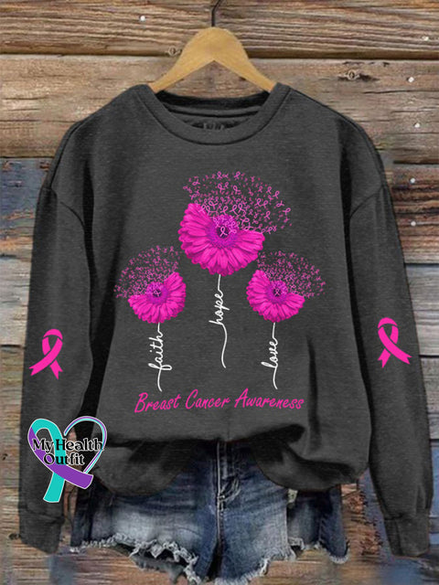 Women’s Faith Hope Love Breast Cancer Awareness Daisy Print Crew Neck Sweatshirt Dark Grey / S