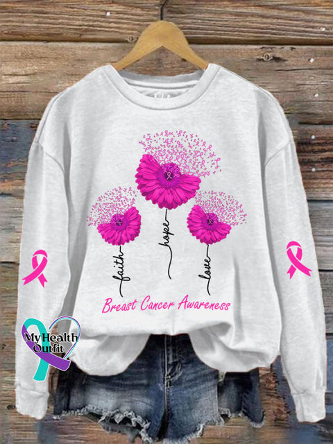Women’s Faith Hope Love Breast Cancer Awareness Daisy Print Crew Neck Sweatshirt White / S